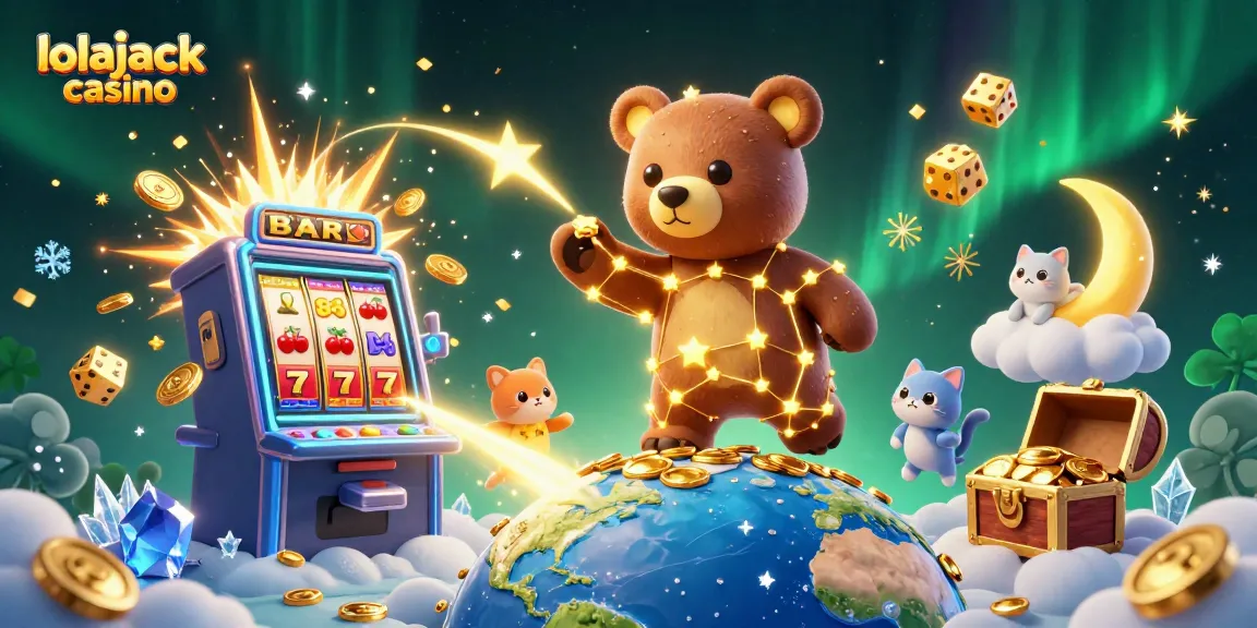Experience the joy of winning at lolajack casino with a dazzling 3D scene of slot machines and golden treasures.