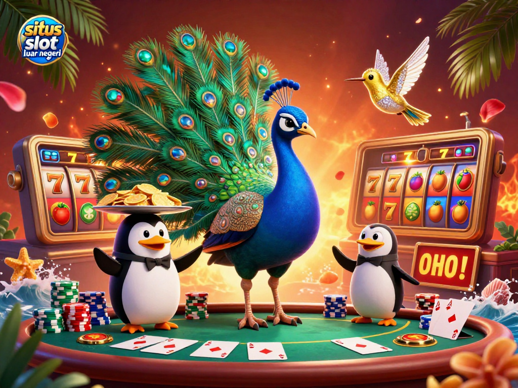 Experience excitement at situs slot luar negeri with vibrant slot reels and charismatic characters in a lively casino scene.