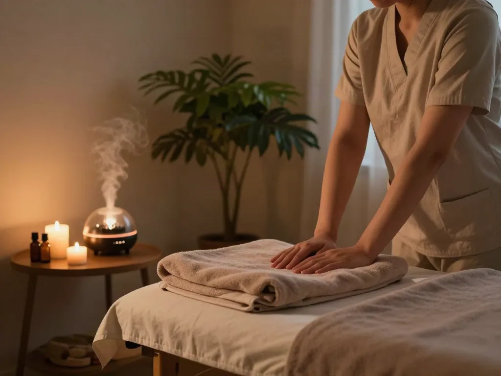 Relaxing 대화동출장마사지 room with soothing ambiance, candles, and a comfortable massage table.