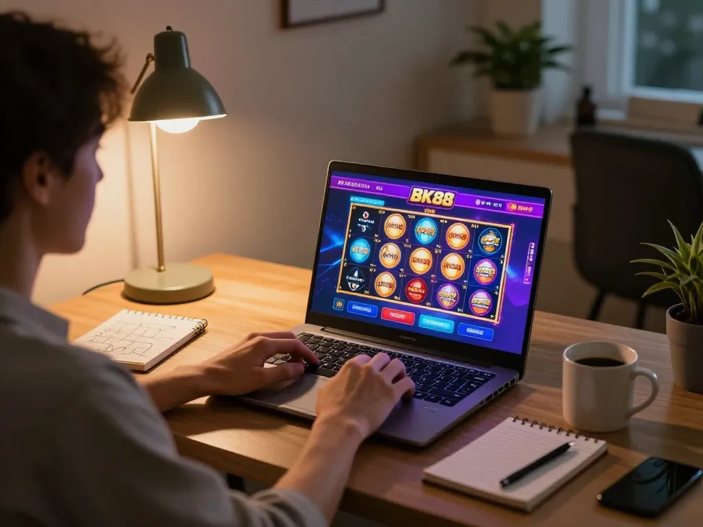 Engaging in BK88 gaming on a laptop in a cozy home office setup