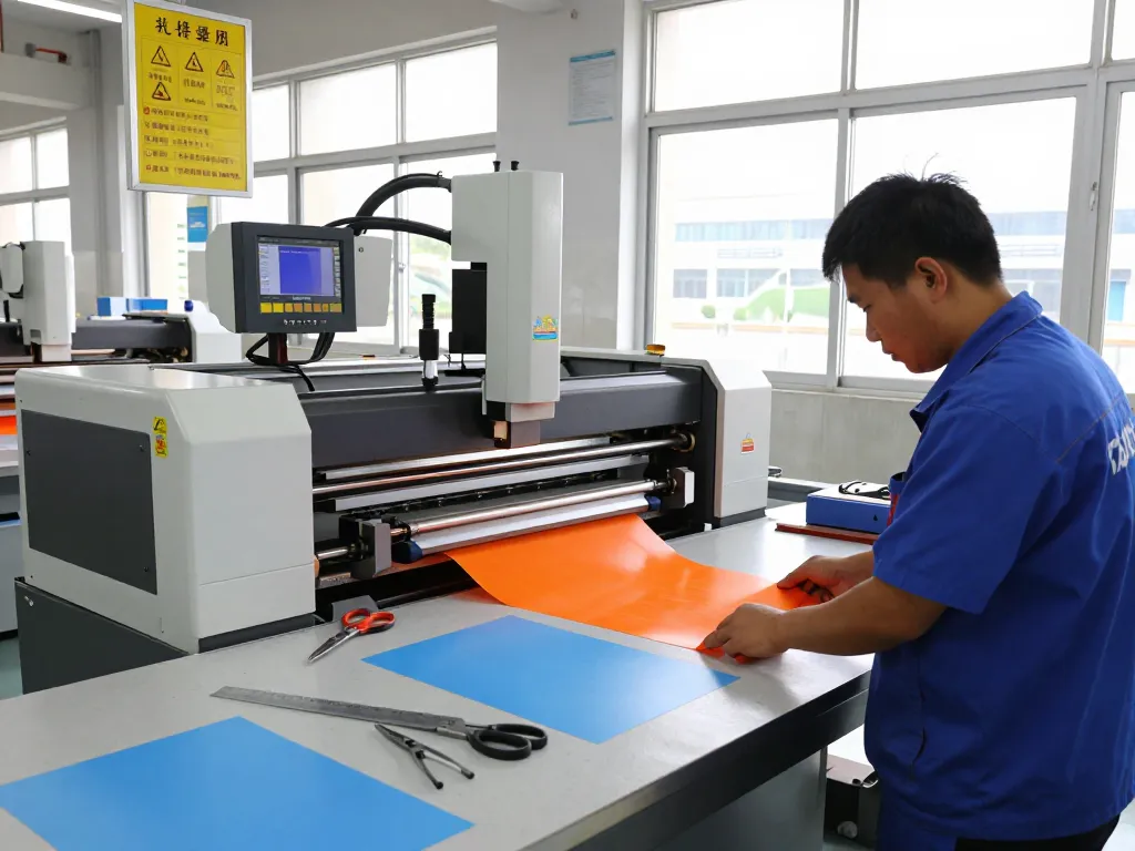 Bóc ép plastic sơn tây process in a modern manufacturing workshop with a technician operating advanced machinery.