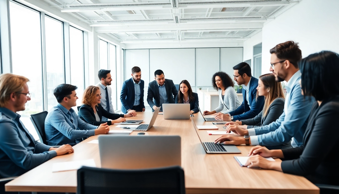 Besprechung eines professionellen Teams auf https://alvionz.de/ mit einem dynamischen und hellen Büro im Hintergrund.