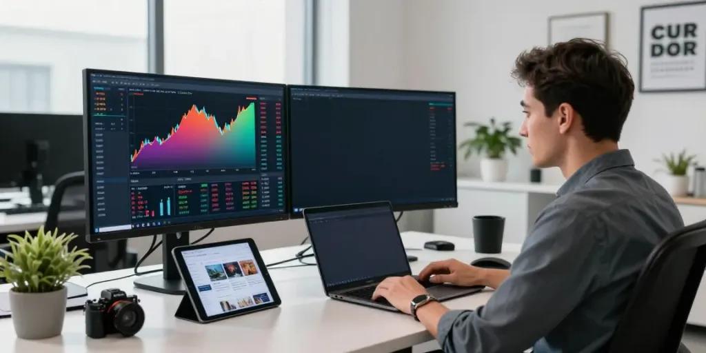 Trader using MetaTrader 5 in a modern office, analyzing market data on dual screens.