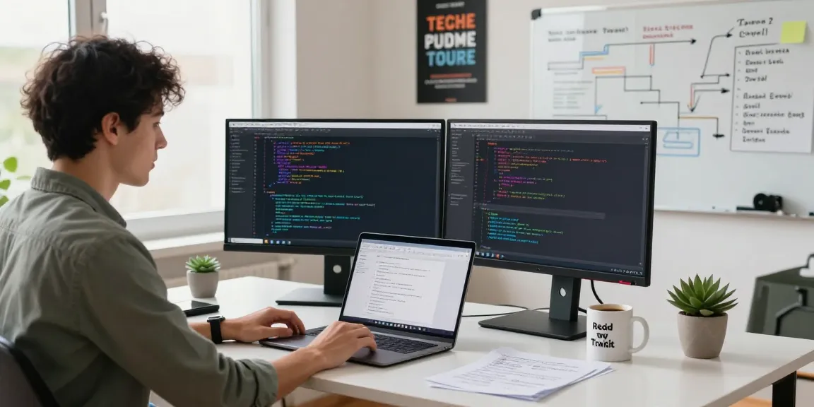 Beginner developer working on React Redux projects for beginners in a bright home office.