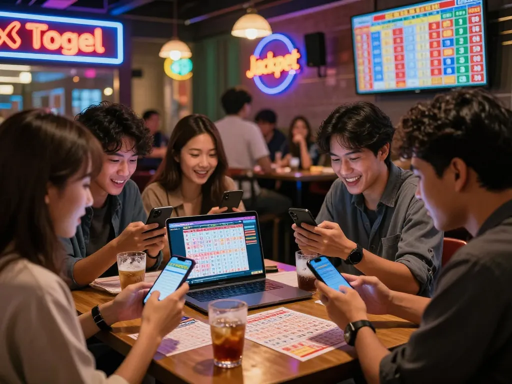 Togel Hongkong players excitedly discussing their lottery numbers in a vibrant urban scene.