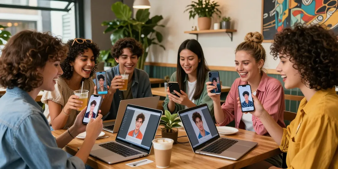 Friends discovering who they look like celebrities in a trendy cafe.