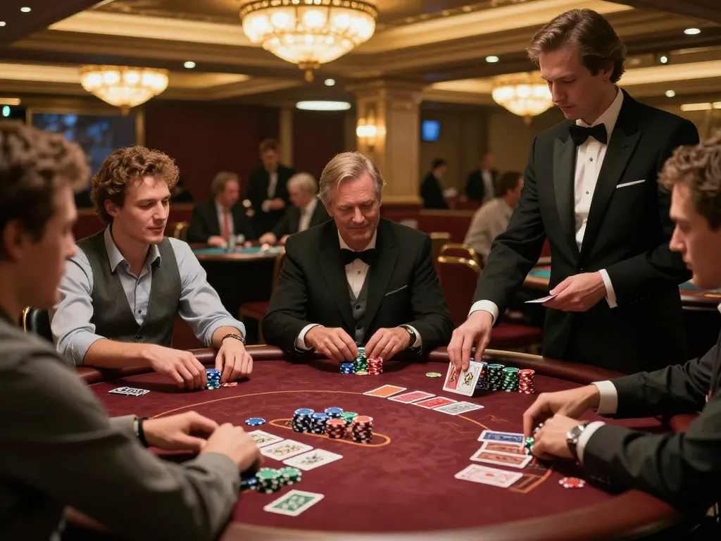 iWin players engaged at a high-stakes poker table, showcasing intense gameplay and luxury.