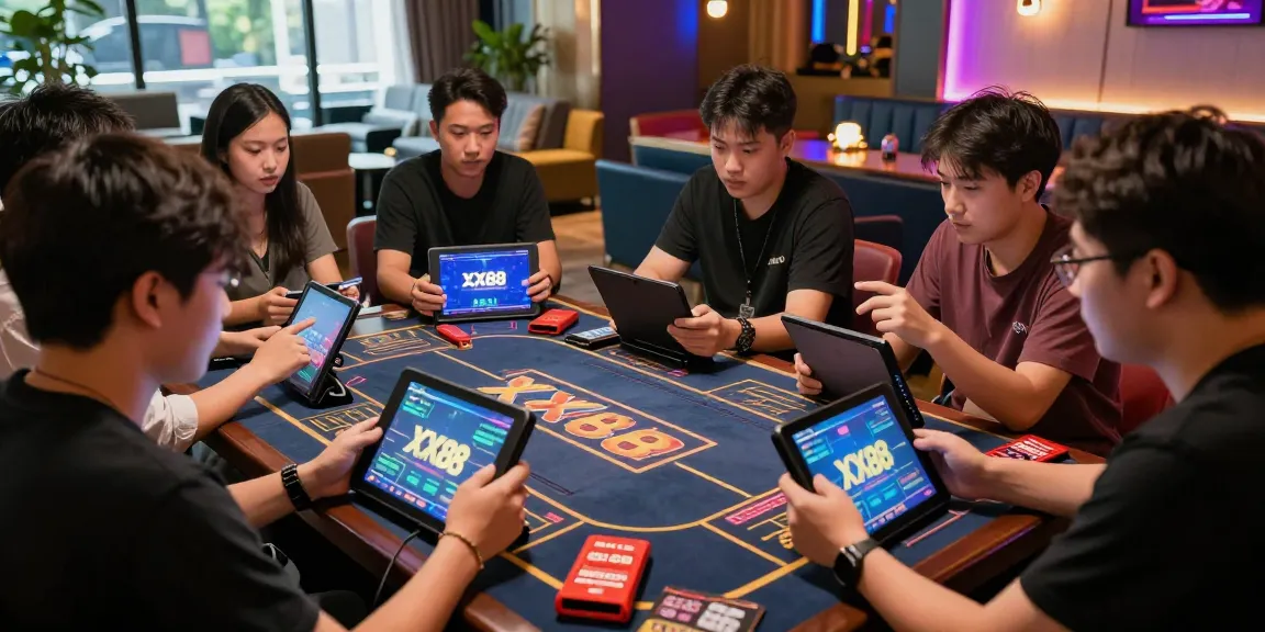 Dynamic gaming discussion at XX88 with tablets and smartphones visible, showcasing excitement and engagement.