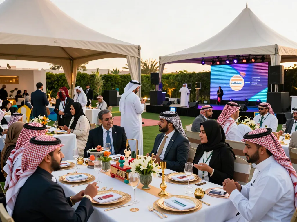 Event rental ksa outdoor corporate gathering with luxurious decor and AV technology in Saudi Arabia.