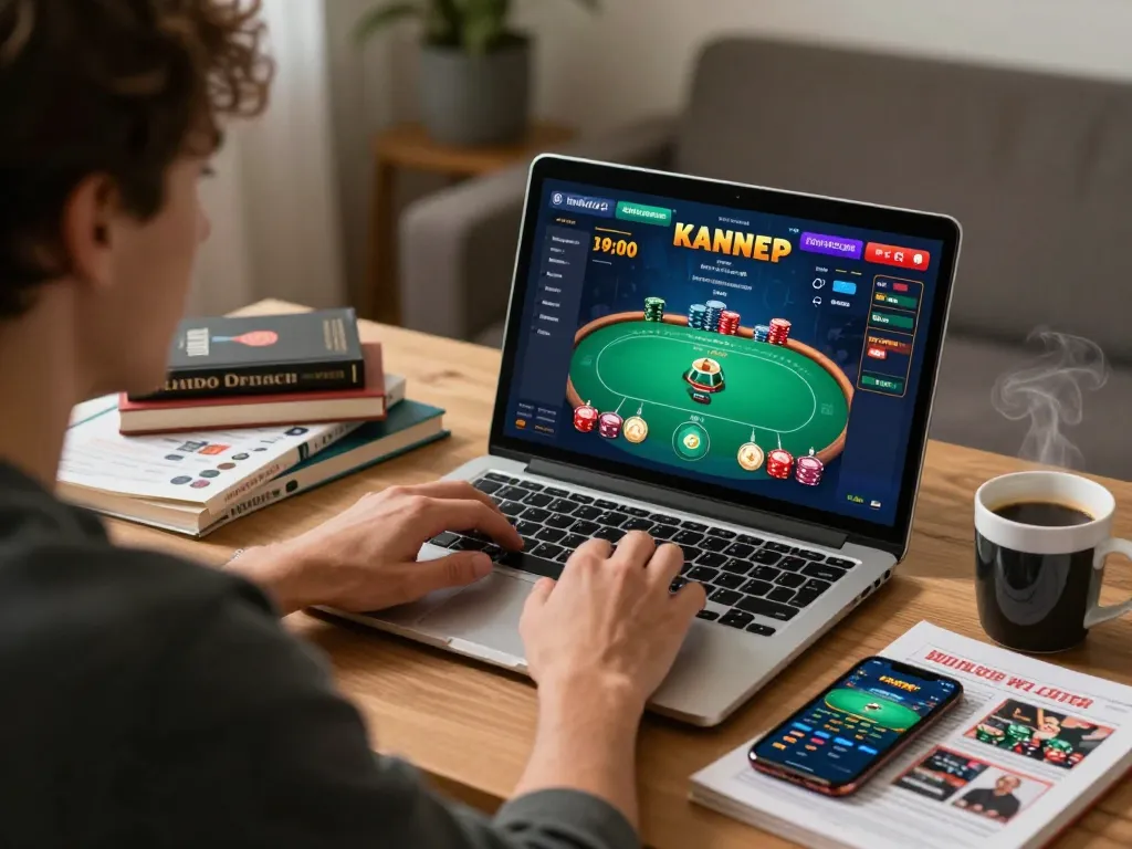 Player engages with ho88 online casino poker game on a laptop in a cozy home office.