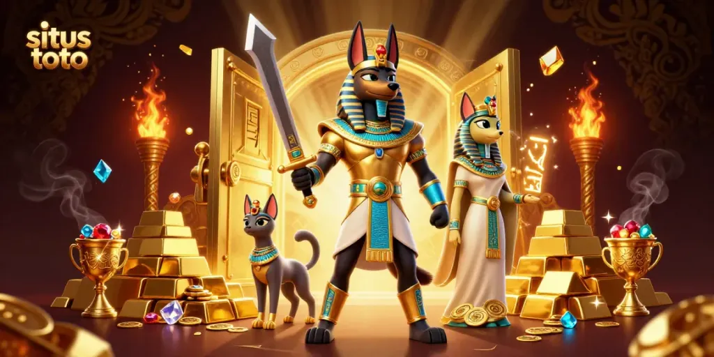 Engaging scene showcasing a 3D Anubis and Bastet, embodying the excitement of situs toto betting.