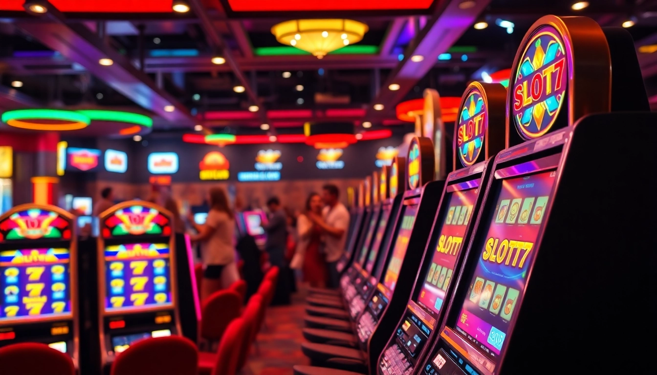 Slot77 menunjukkan mesin judi yang memikat dalam suasana kasino yang cerah.