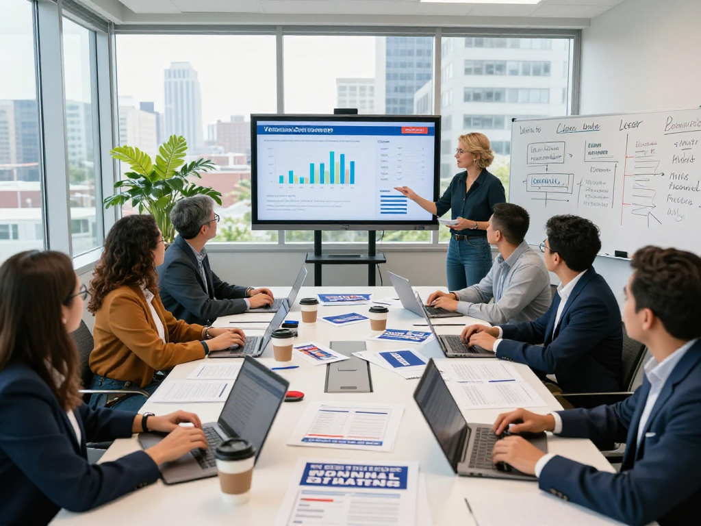 Engaged team strategizing around a table for a political fundraising platform, surrounded by campaign materials and data analytics.