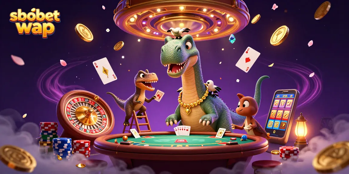 Engage in sbobet wap with a thrilling scene of a dinosaur at a vibrant casino.