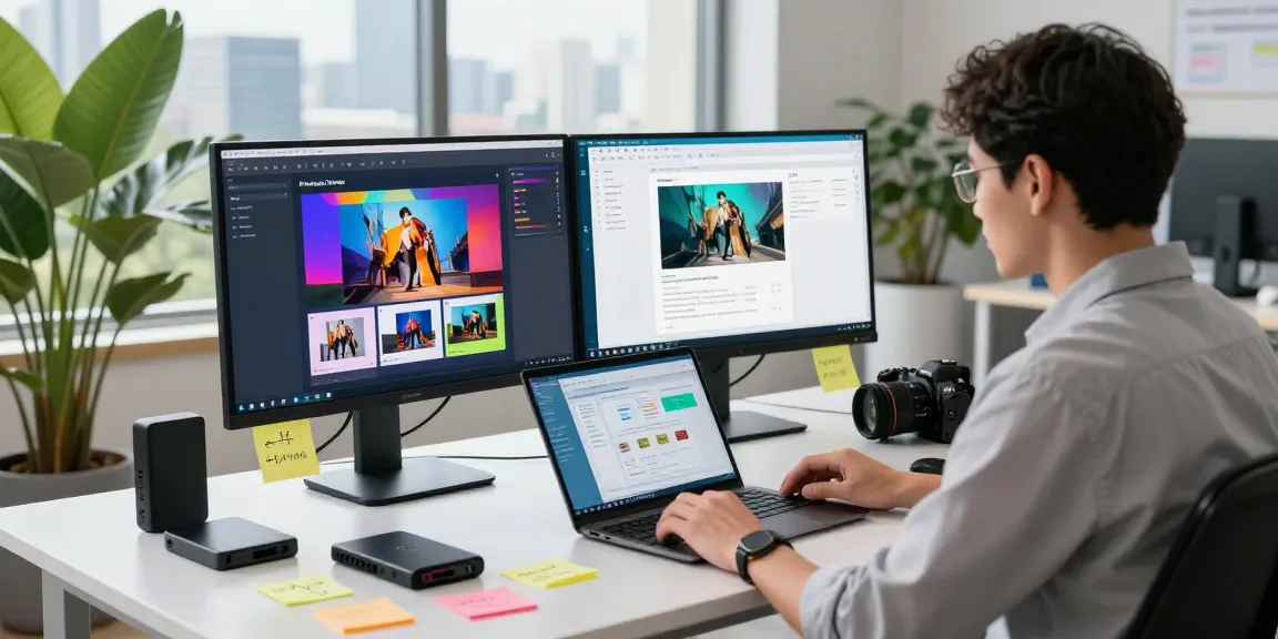 Data scientist using an ai image checker application on dual monitors in a modern workspace.
