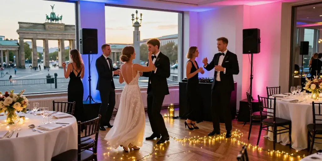 Hochzeit DJ Berlin Brandenburg setting with a professional DJ playing at a lively wedding reception.