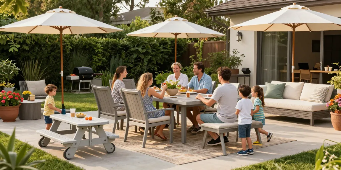 Patio furniture sets in an inviting outdoor setting with family enjoying a meal.