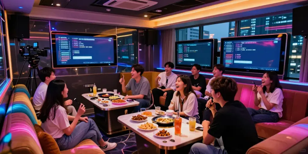 강남 달토 가라오케에서 즐겁게 노래하는 모습과 현대적인 인테리어