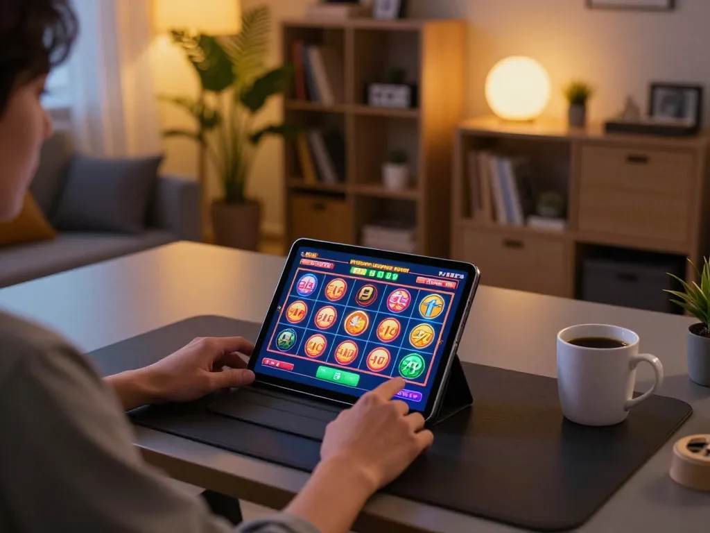 Engaging scene of LC99 online gambling with a user playing a colorful slot game on a tablet.