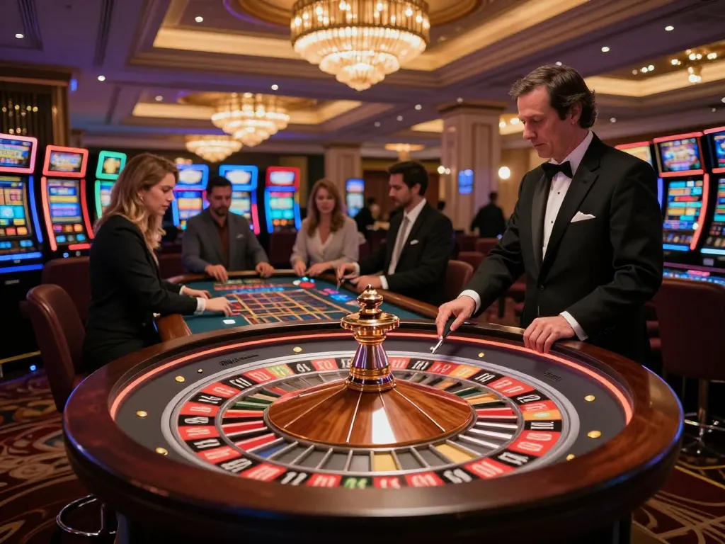 Players engaging in thrilling roulette gameplay at vin88a casino, with glamorous lighting highlighting the excitement.