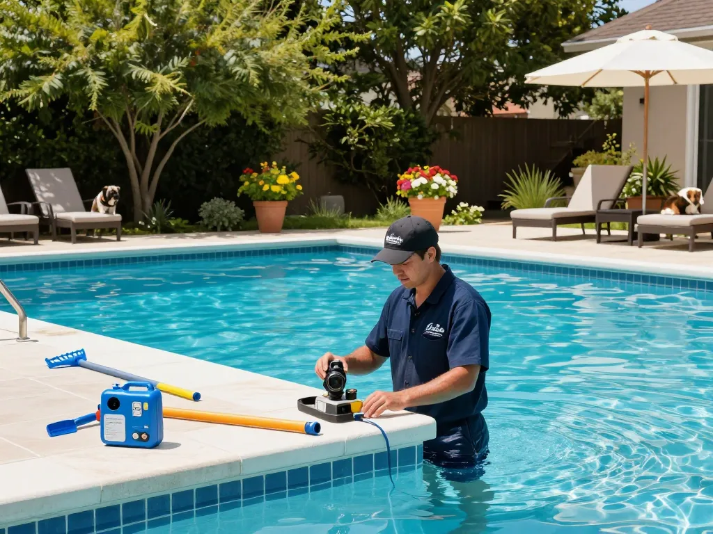 Dolphin Pool Services technician performing maintenance on a sparkling pool under the sun