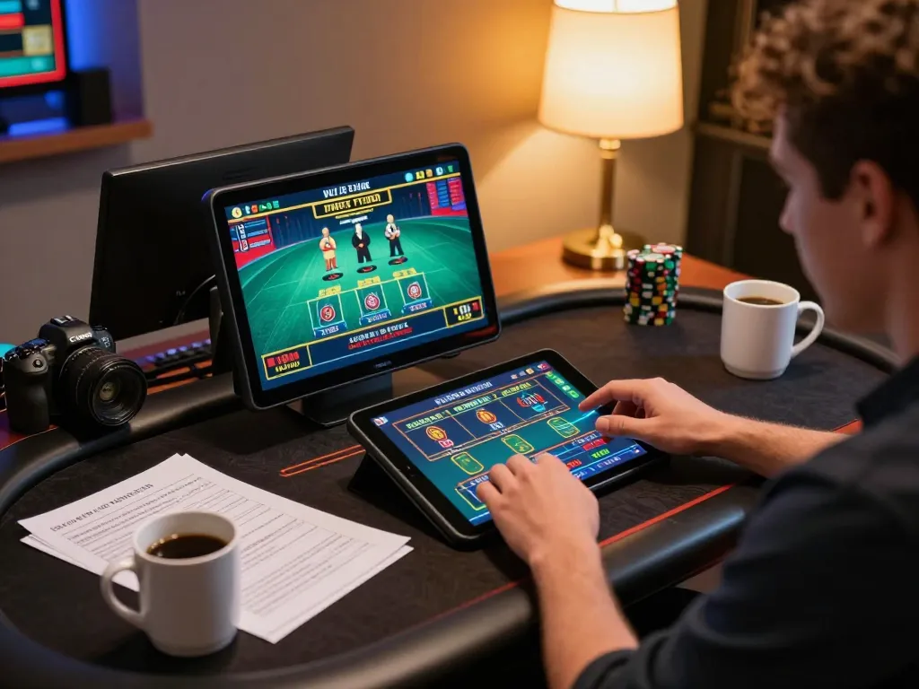 Person engaged in vipwin online gambling with tablet at home, showing live dealer game interface and strategic notes.