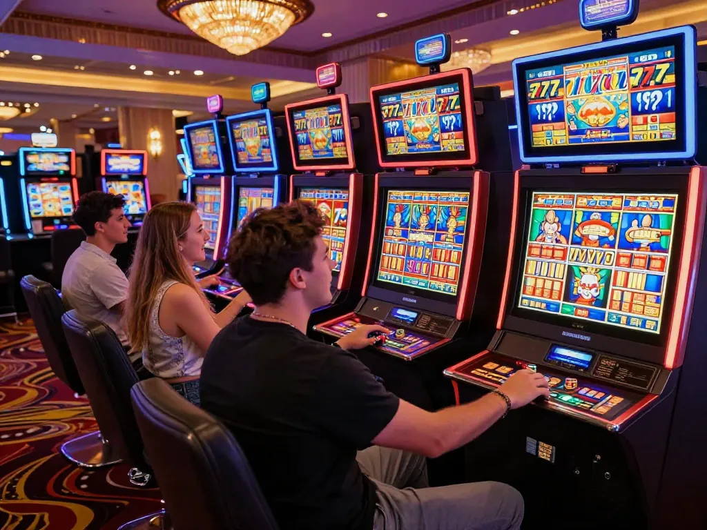 Permainan slot777 yang penuh warna dengan teman-teman di kasino, menampilkan suasana ceria dan semarak.