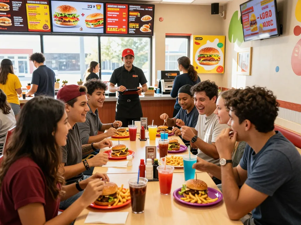 Fast food prices highlighted on menu boards in lively restaurant scene during lunchtime rush.