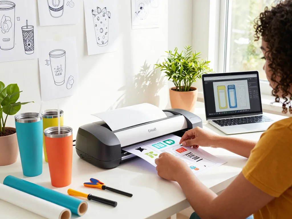 Cricut SVG bundle crafting scene with colorful tumblers and creative tools in a bright workspace.