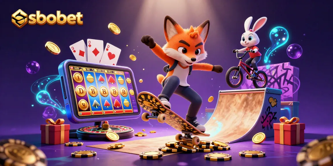 Play sbobet games while watching a 3D fox skateboarder kickflip over golden poker chips.