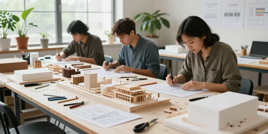 Präzise Architektur Modellbau Stuttgart: Handwerker erstellen detaillierte Modelle in einem hellen Atelier.