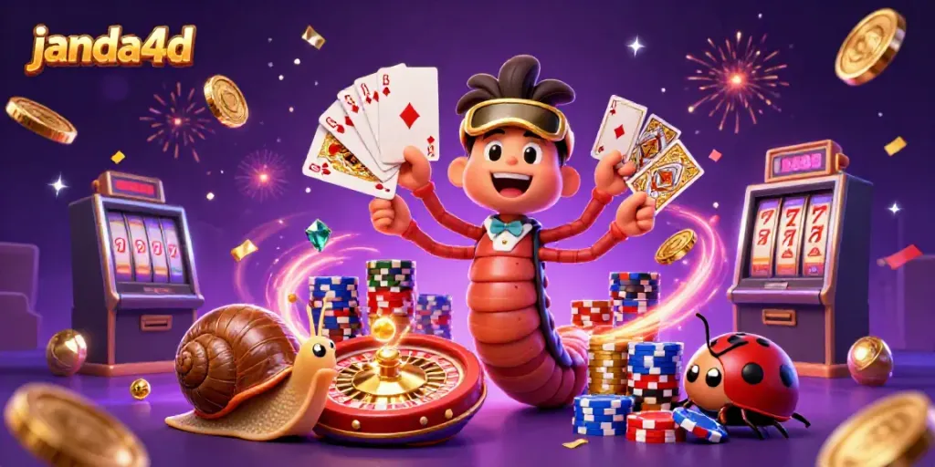 Janda4D menampilkan dealer kartun dengan banyak tangan memegang kartu, chip, dan koin berkilau dalam suasana meriah.