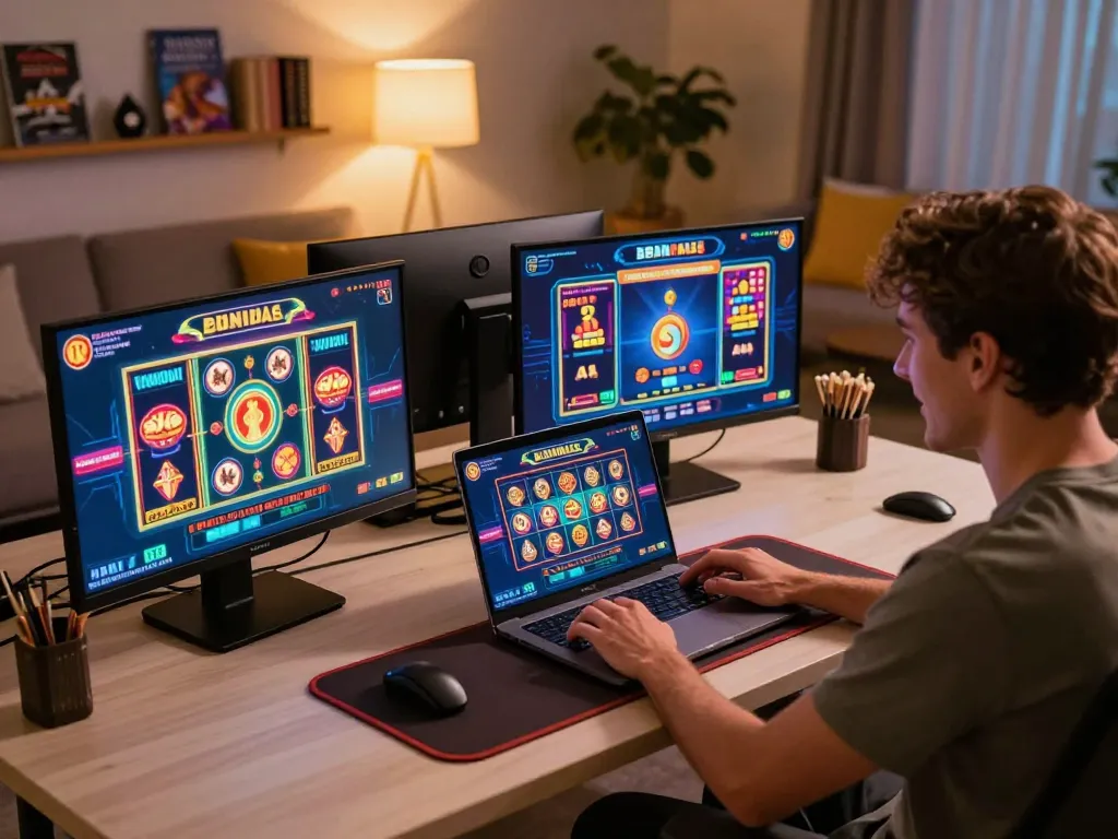 Engaging online gaming experience with a player enjoying 3win casino games in a modern setup.