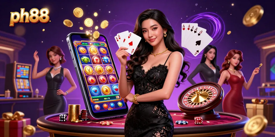 Experience thrill at ph88 with an elegant woman holding playing cards in a vibrant casino scene.