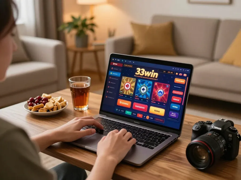 Engage in online gaming with 33win interface displayed on a laptop in a cozy home setup.