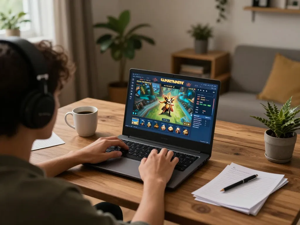 Engaging with garuda slot on a laptop in a cozy home setting enhancing online gambling experience