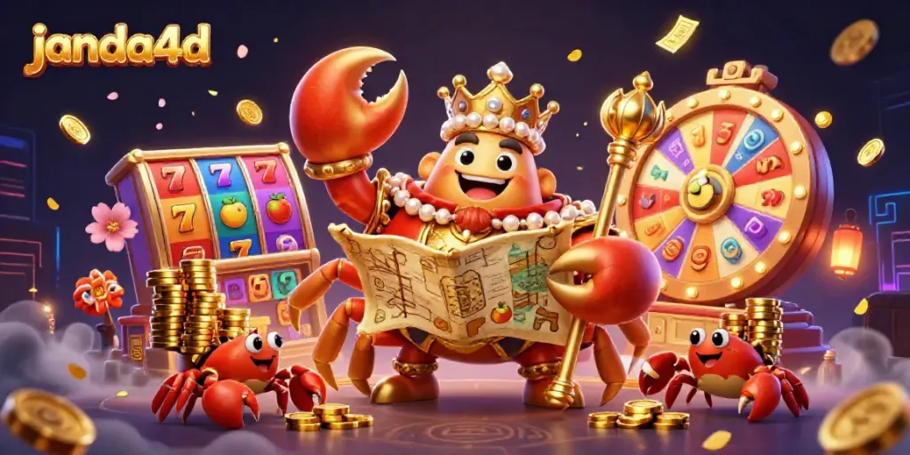 janda4d menghadirkan ilustrasi kasino yang meriah dengan kepiting emas sebagai raja, dikelilingi simbol slot yang menarik
