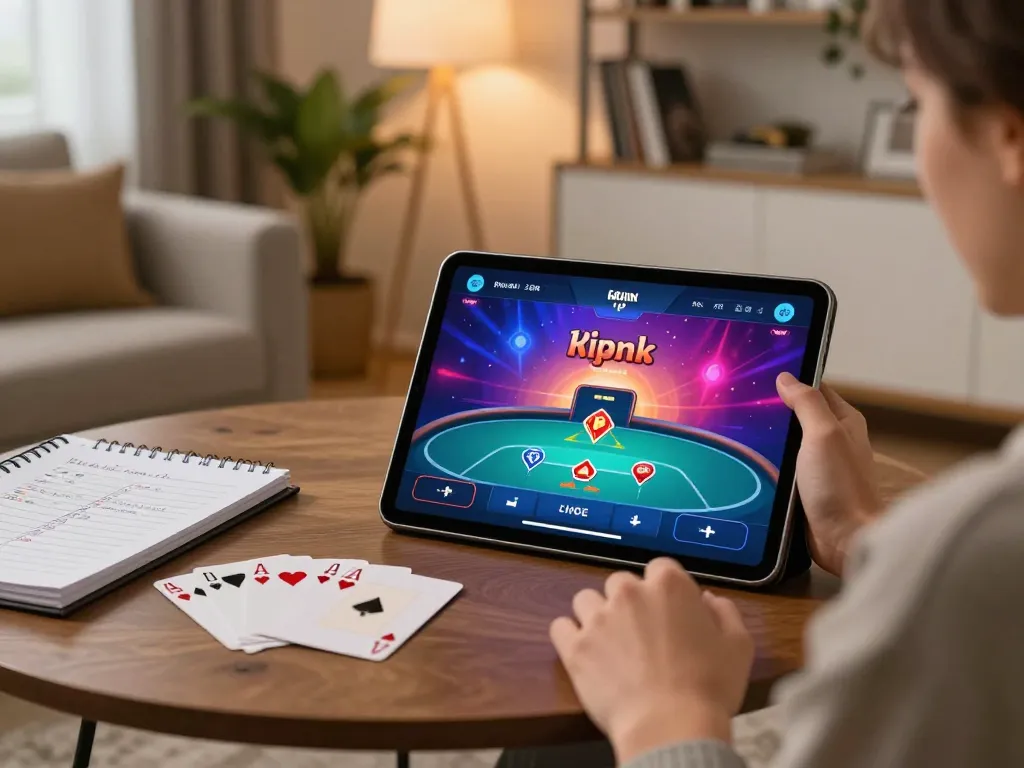 Engaging in online 包网 gaming on tablet with strategic notes nearby in a cozy home setting
