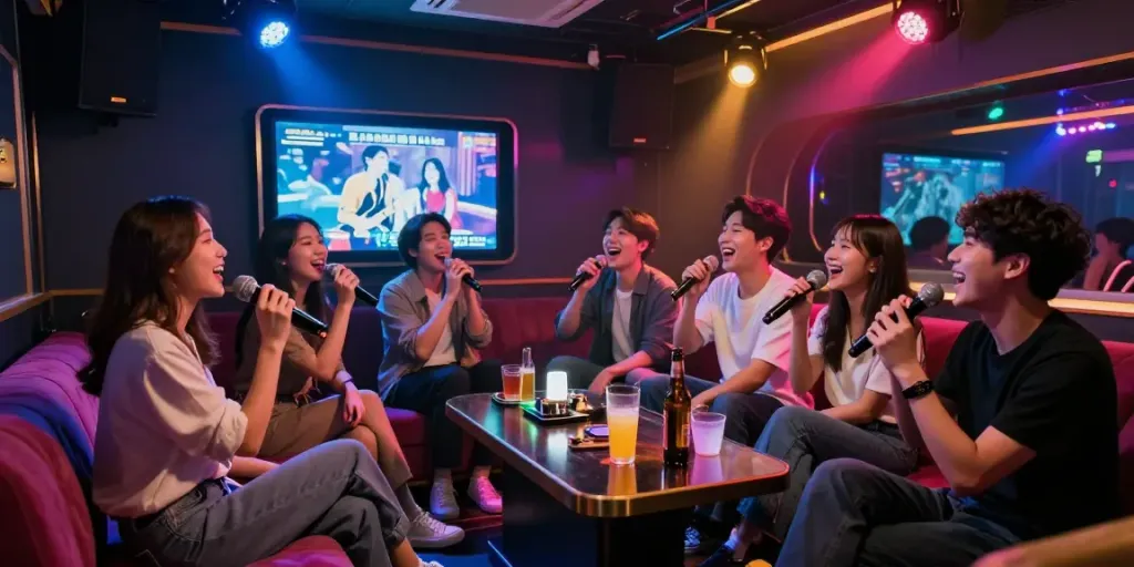 강남 달토에서 즐겁게 노래하는 친구들, 화려한 조명과 함께한 노래방의 즐거운 분위기