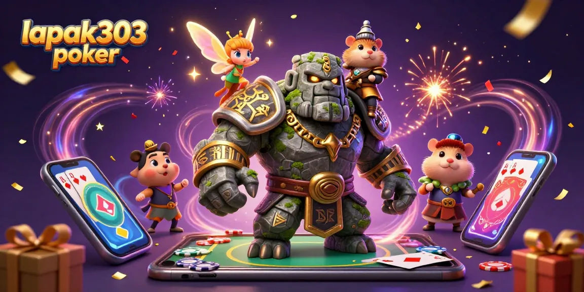 Permainan lapak303 poker yang seru dengan golem penjaga dan peri menyala di latar belakang