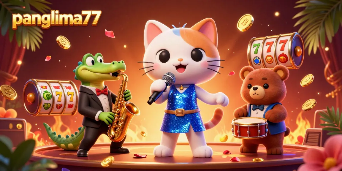 Panglima77 showcases a vibrant, ultra-detailed casino scene featuring diverse 3D cartoon animal characters and dynamic slot game elements.