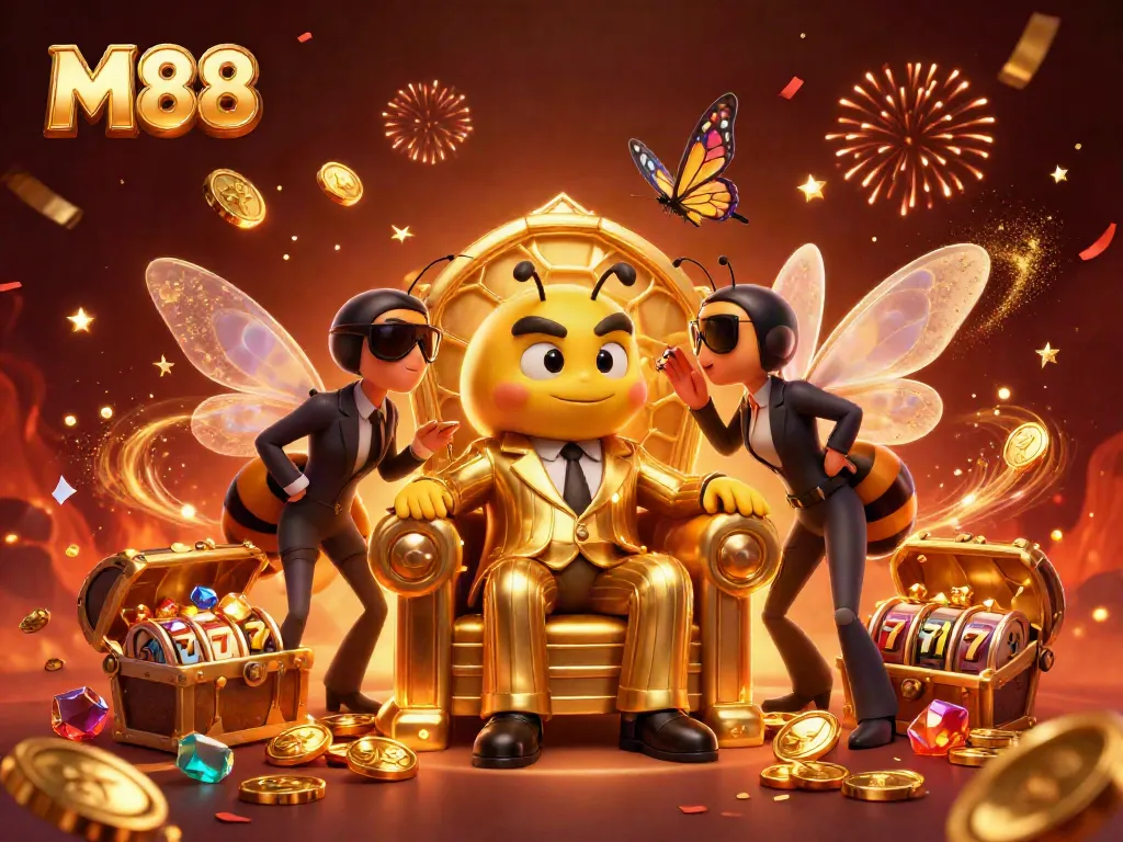 M88 visuals highlighting a mob boss bumblebee in the casino ambiance, complete with slot reels.