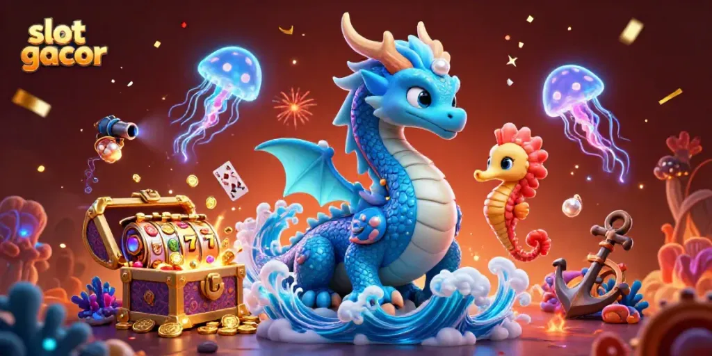Engaging scene of slot gacor with a majestic water dragon, seahorse knight, and glowing jellyfish amidst gold and slots.