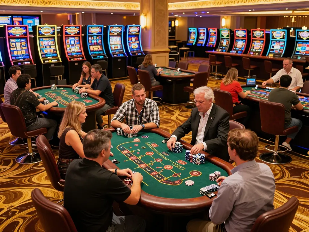Players enjoying games at vibrant sites not on gamstop in upscale casino environment.