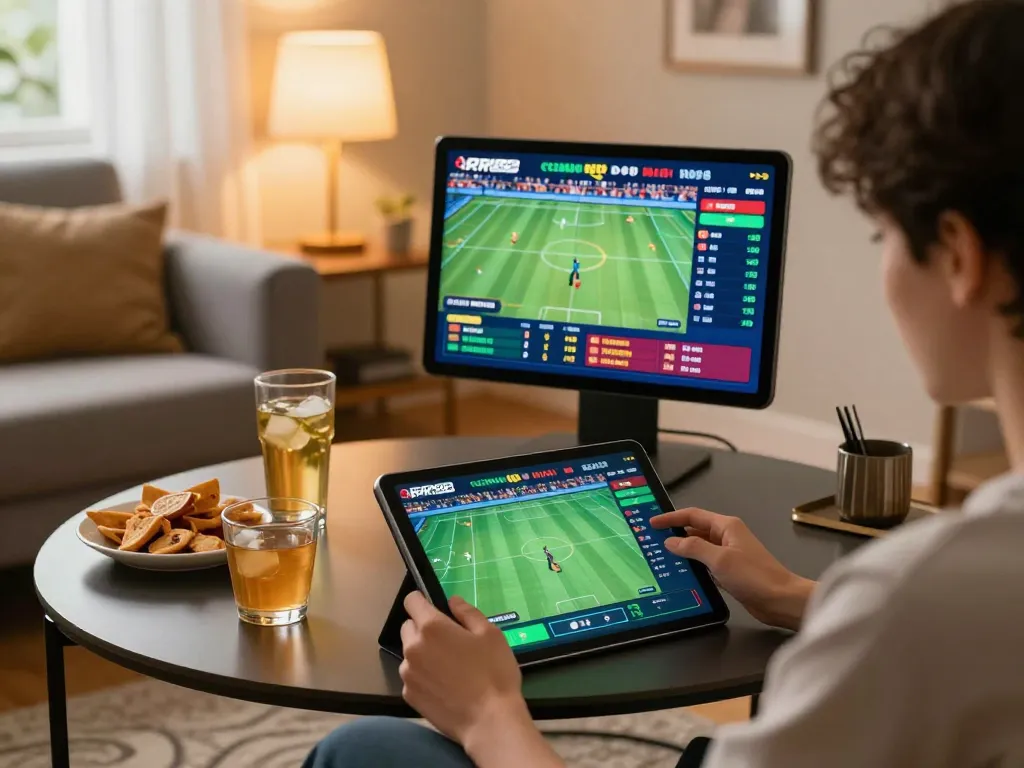 Engaging online sports betting with RR88 SELECT on a tablet surrounded by snacks.