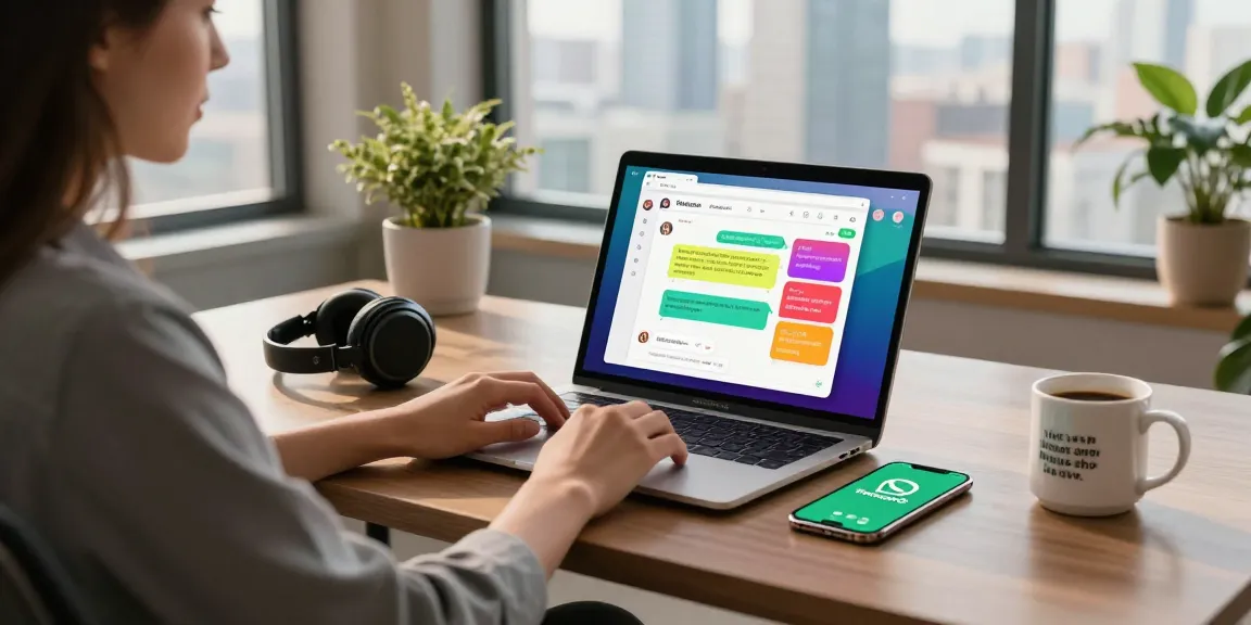 Professional using WhatsApp網頁版 on laptop in modern workspace, showcasing vibrant chat interface.