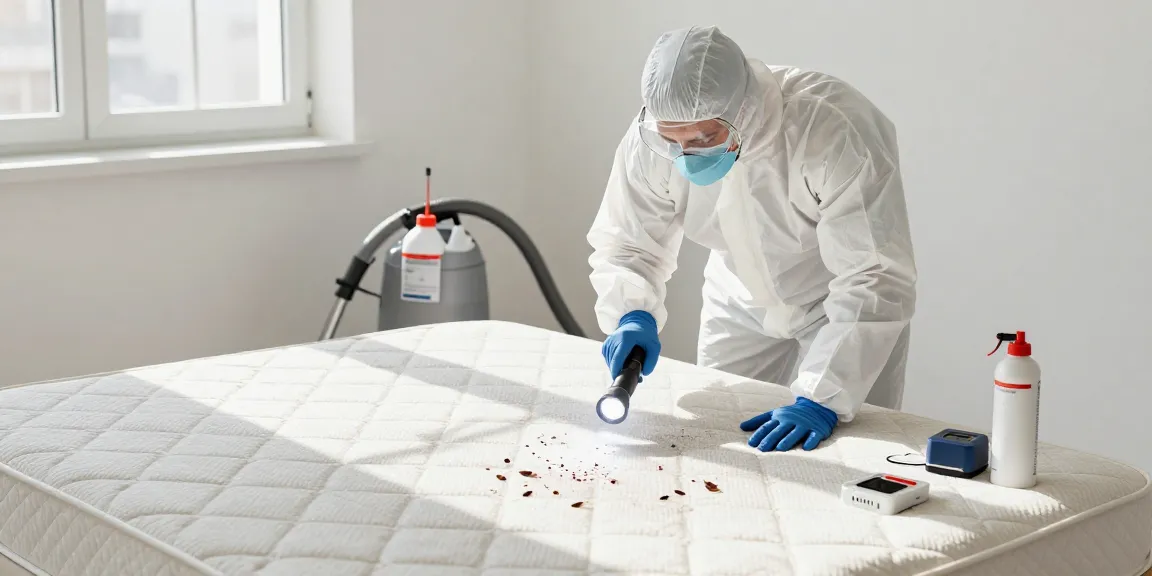 Professional inspecting mattress for bed bug control in a residential bedroom.