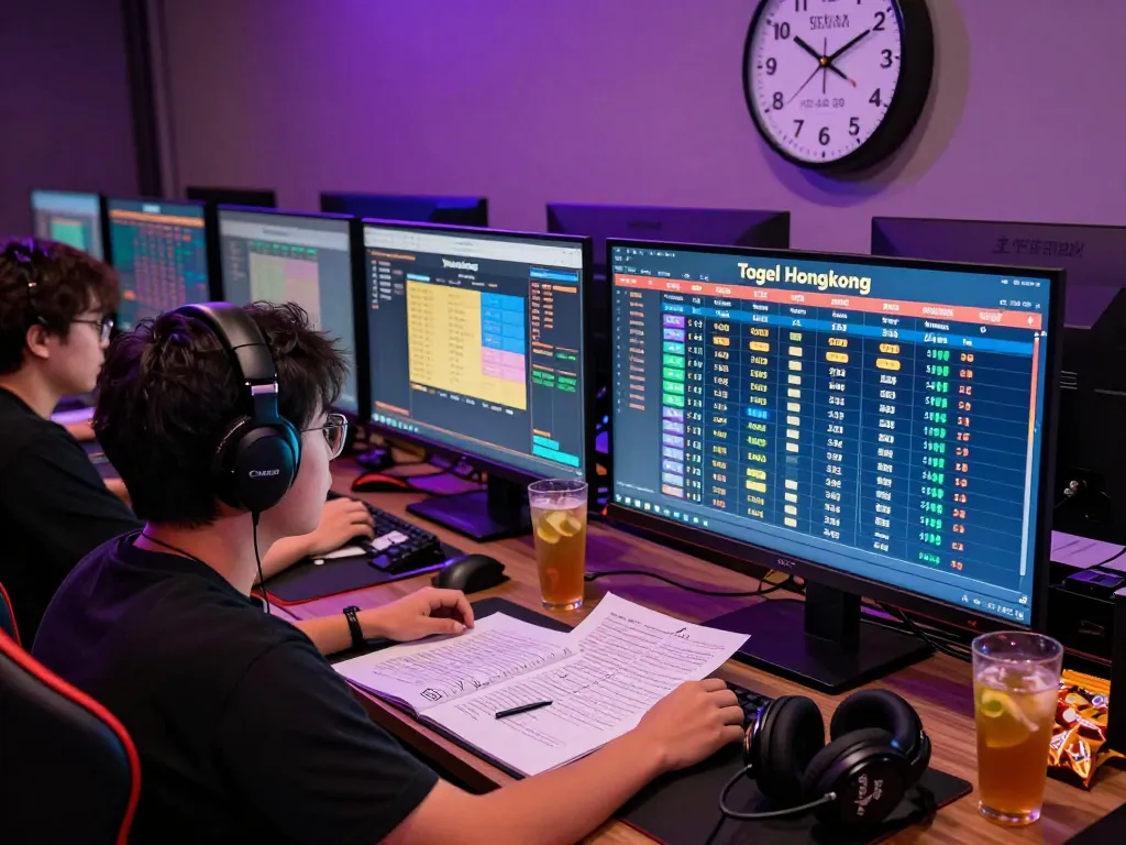 Togel Hongkong gaming environment with player analyzing results on multiple screens in a modern betting setup.