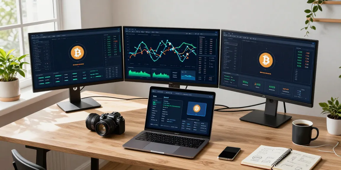 Automated bitcoin mining workspace with advanced cryptocurrency trading setup, showing screens with Bitcoin statistics and digital wallet tools.