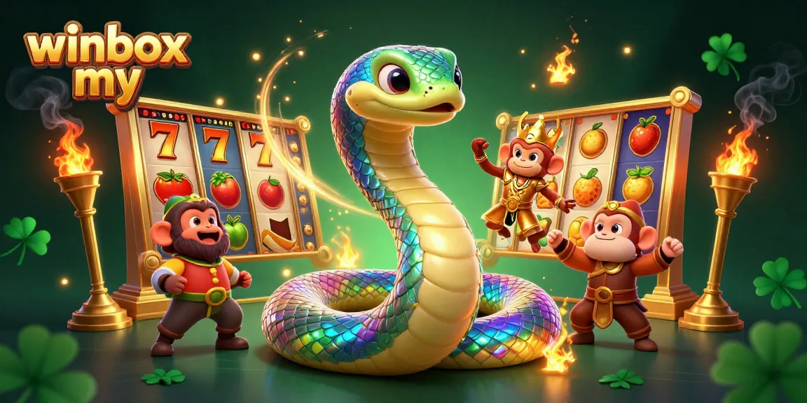 Experience thrilling play at winbox my casino with a dazzling rainbow serpent and monkey king amidst vibrant slot game elements.